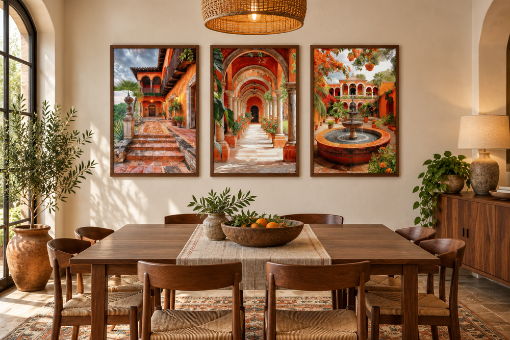 Set of three framed canvas prints featuring vibrant Mexican hacienda courtyards and architecture.