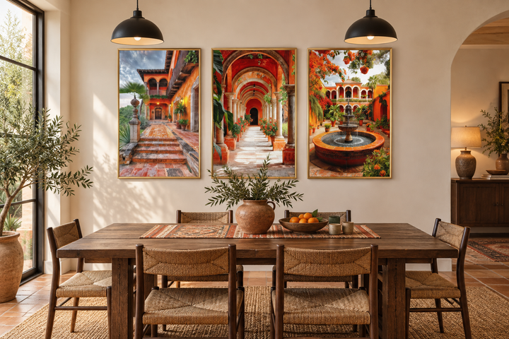 Set of three framed canvas prints featuring vibrant Mexican hacienda courtyards and architecture.