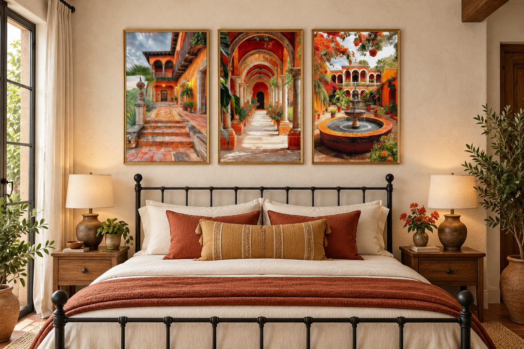 Set of three framed canvas prints featuring vibrant Mexican hacienda courtyards above a bed.