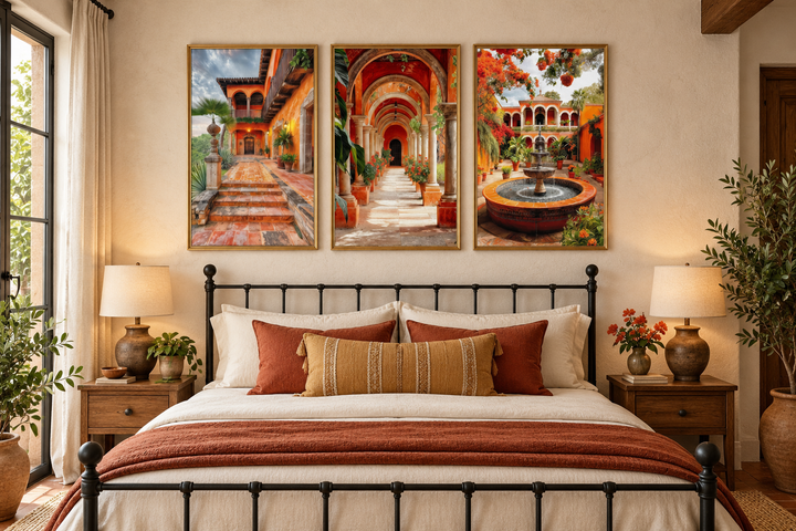 Set of three framed canvas prints featuring vibrant Mexican hacienda courtyards above a bed.