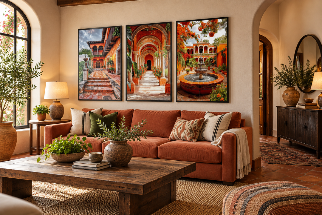 Set of three framed canvas prints featuring vibrant Mexican hacienda courtyards and architecture.