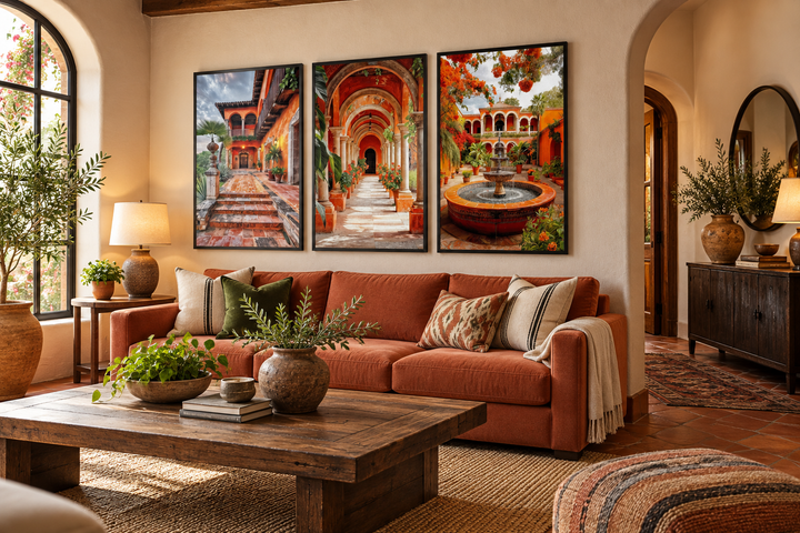 Set of three framed canvas prints featuring vibrant Mexican hacienda courtyards and architecture.
