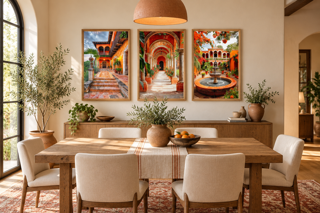 Set of three framed canvas prints featuring vibrant Mexican hacienda courtyards and architecture.