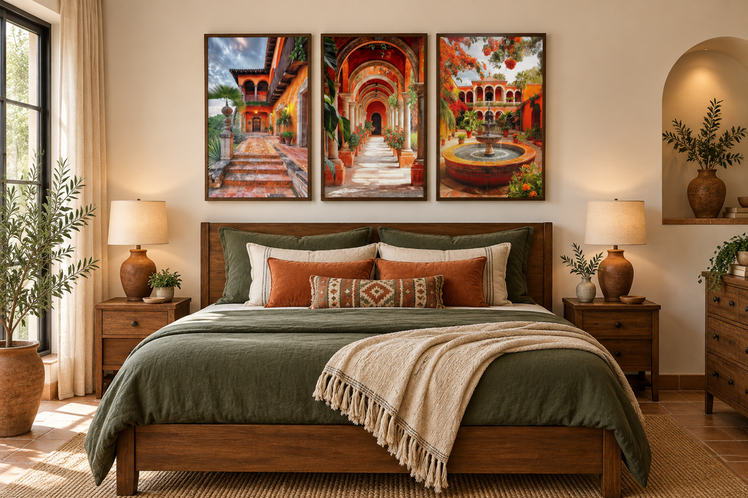 Set of three framed canvas prints featuring vibrant Mexican hacienda courtyards and architecture.