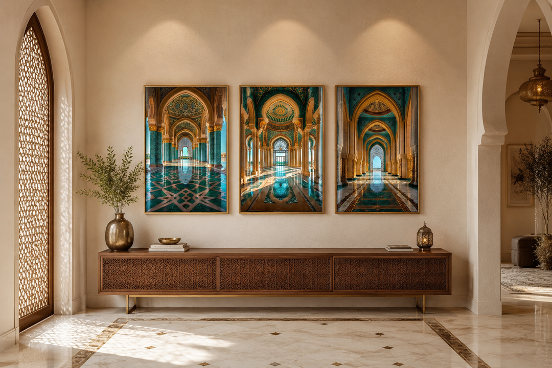 Set of three framed canvas prints featuring green and gold Persian architectural arches and motifs.