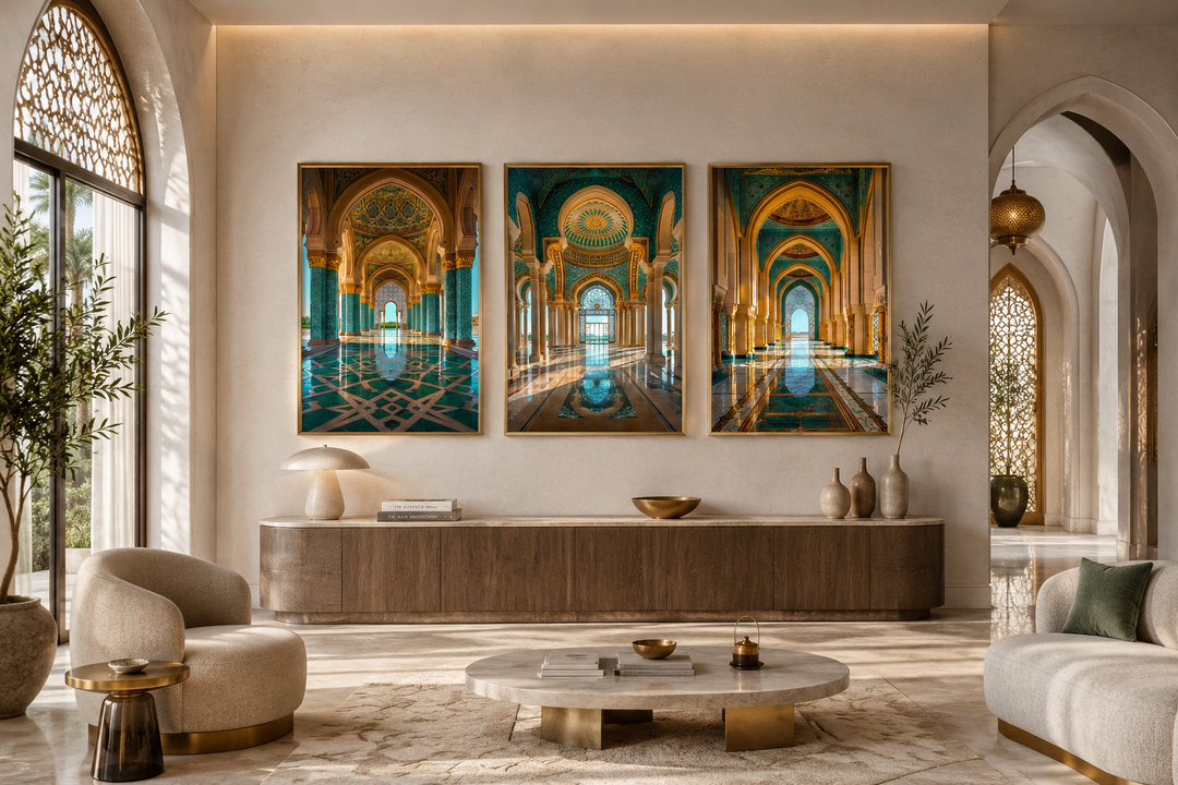 Set of three green and gold Persian architecture framed canvas wall art in a modern living room.