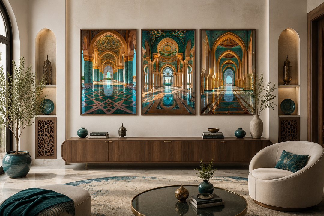 Set of three framed canvas prints featuring green and gold Persian architectural arches and motifs.