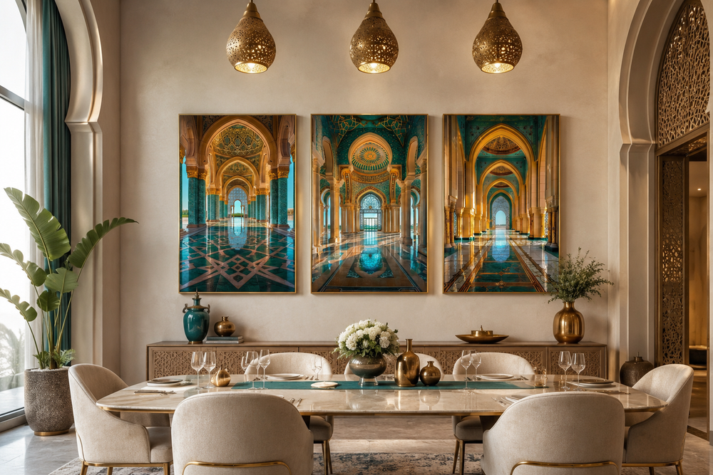 Set of three framed canvas wall art pieces featuring green and gold Persian architecture.