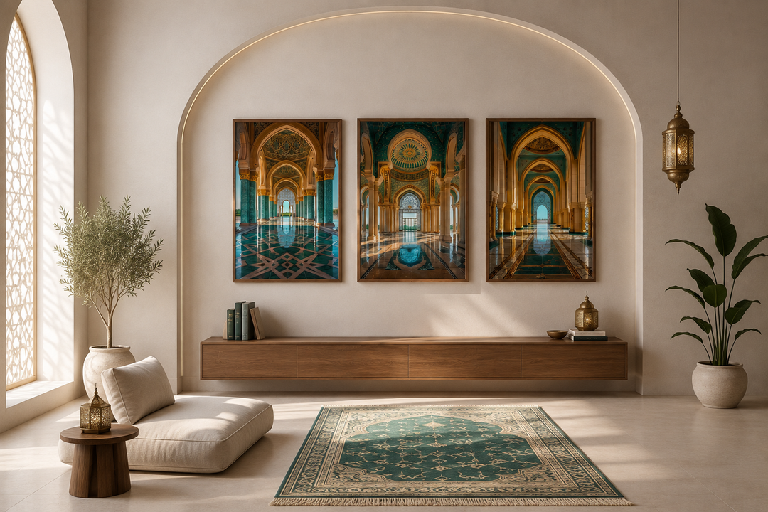 Set of three framed canvas prints featuring green and gold Persian architectural archway designs.
