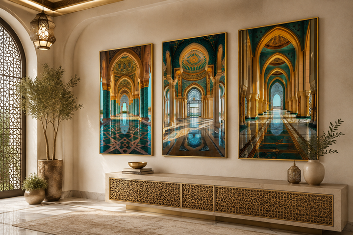 Set of three framed canvas wall art pieces featuring green and gold Persian architecture.