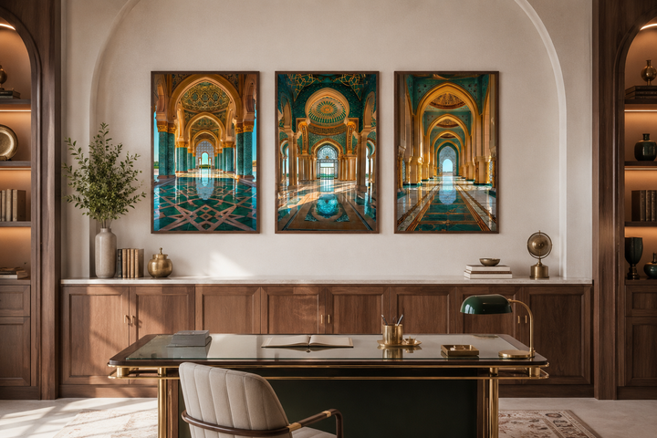 Set of three green and gold Persian architecture framed canvas wall art hung in a home office.