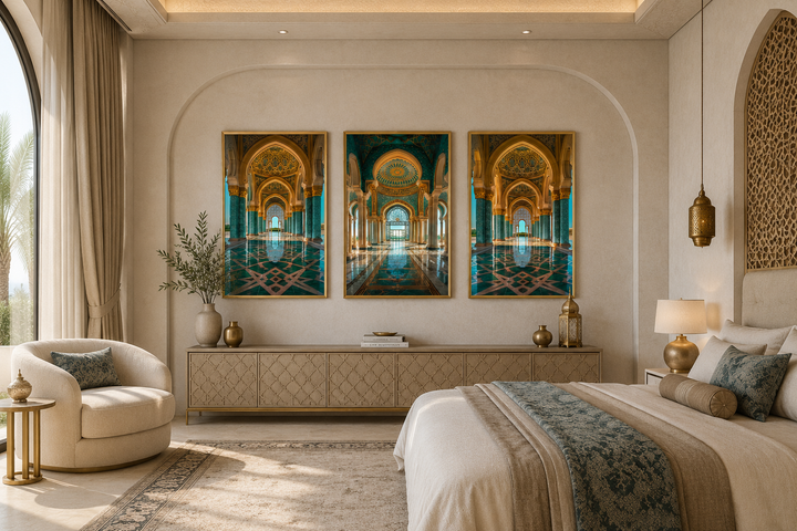 Set of three framed canvas prints featuring green and gold Persian architectural motifs on a wall.