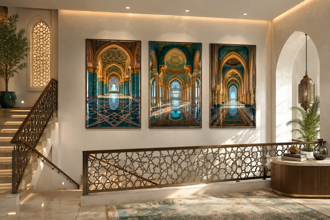 Set of three framed canvas prints featuring green and gold Persian architectural arches and motifs.