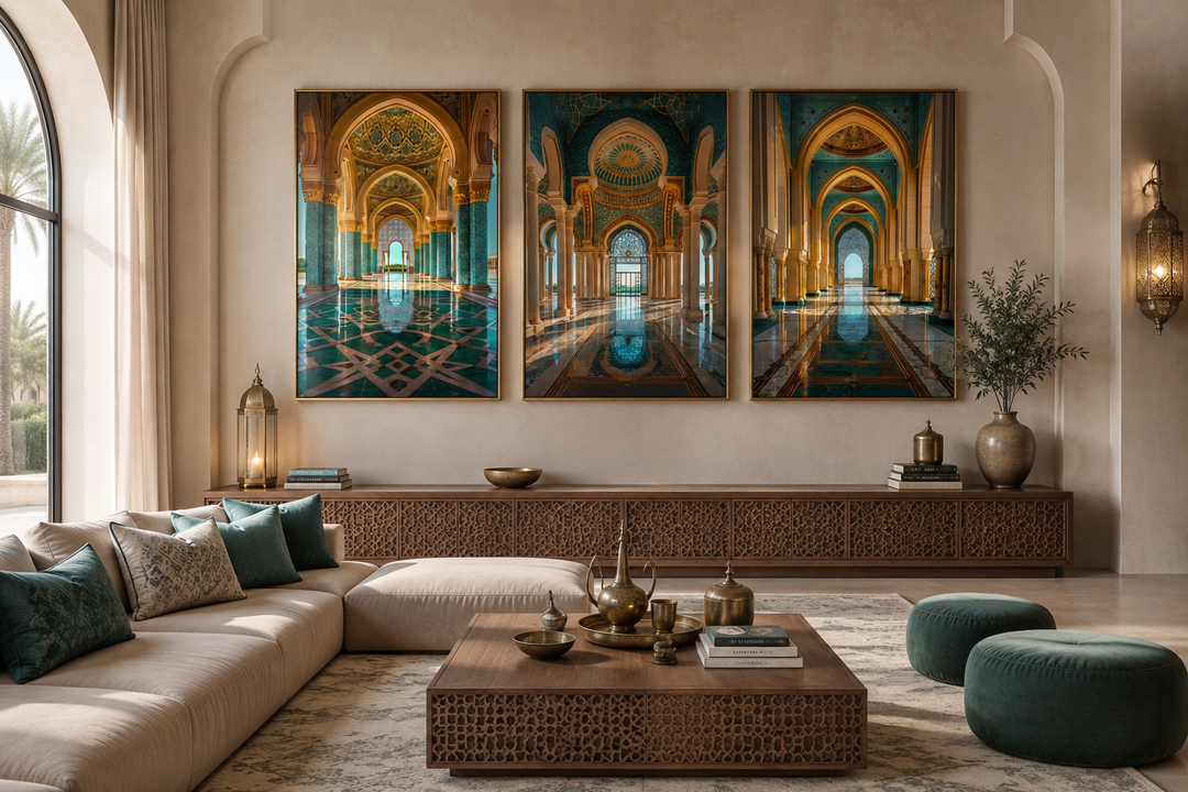Set of three framed canvas prints featuring green and gold Persian architectural archway designs.