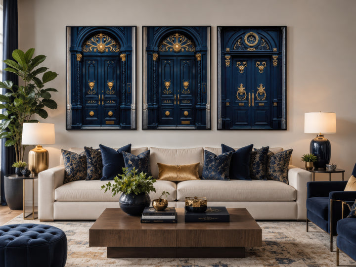 Set of three framed canvas prints featuring navy blue European doors with ornate gold details.