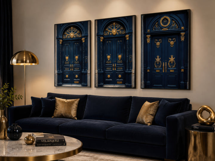 Set of three navy blue canvas prints featuring ornate gold European doors above a velvet sofa.