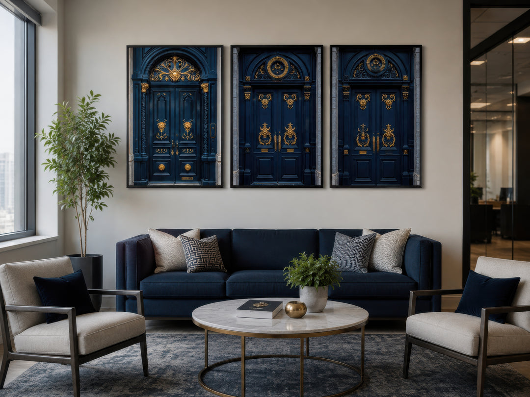 Set of three framed canvas prints featuring navy blue European doors with ornate gold details.