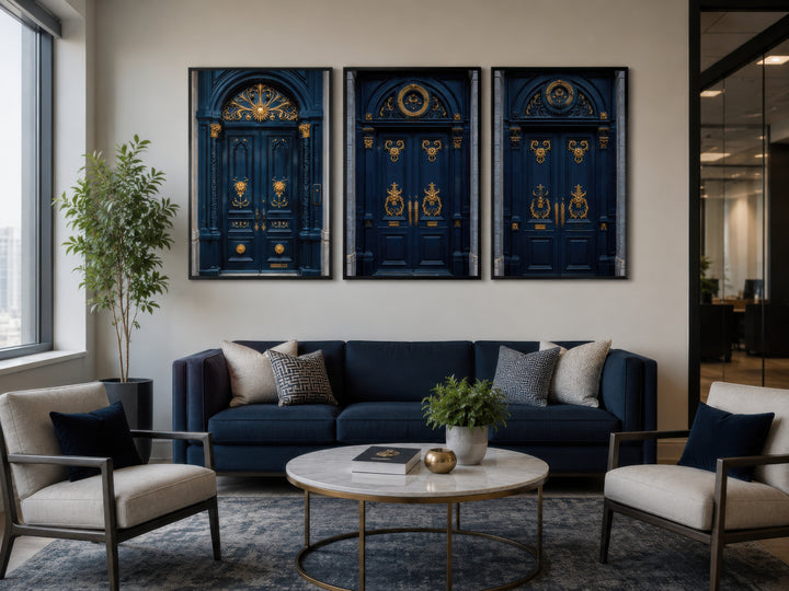 Set of three framed canvas prints featuring navy blue European doors with ornate gold details.