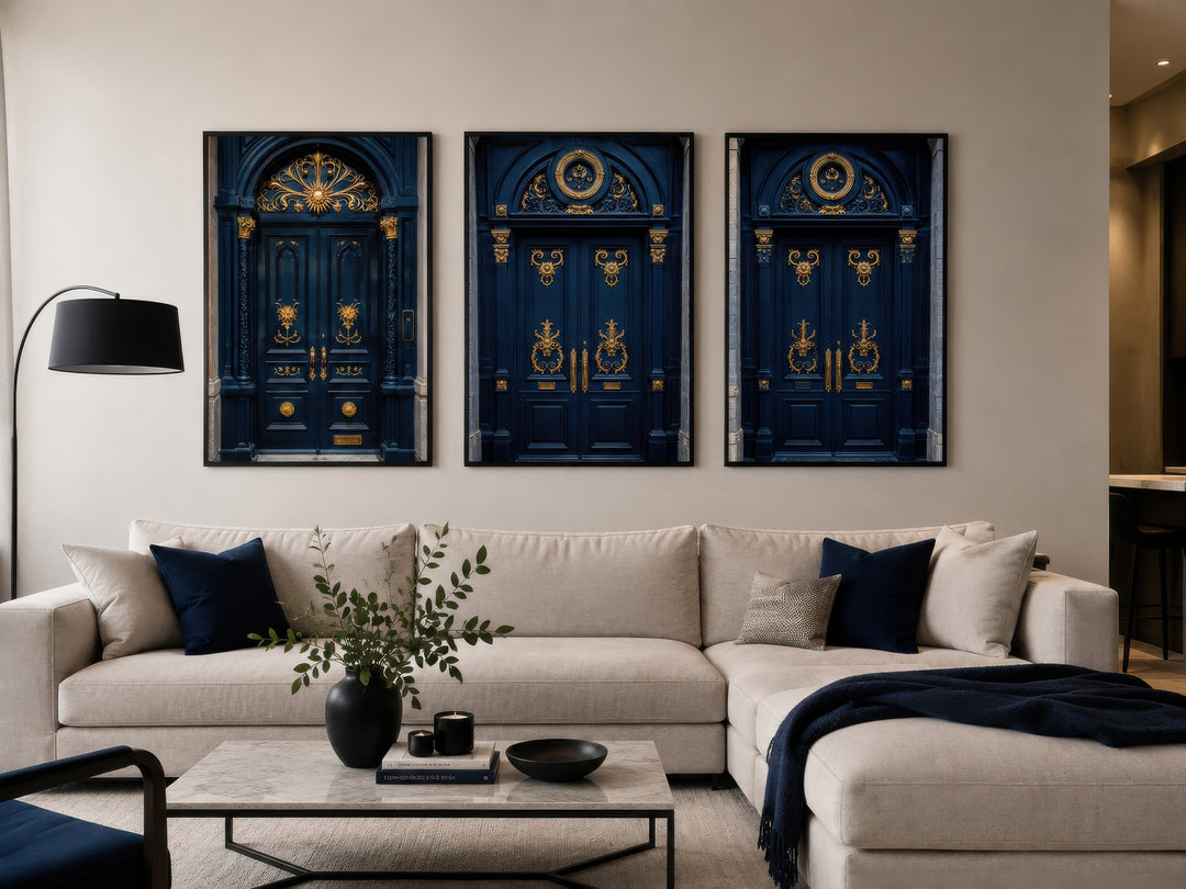 Set of three framed canvas prints featuring navy blue European doors with gold ornate details.