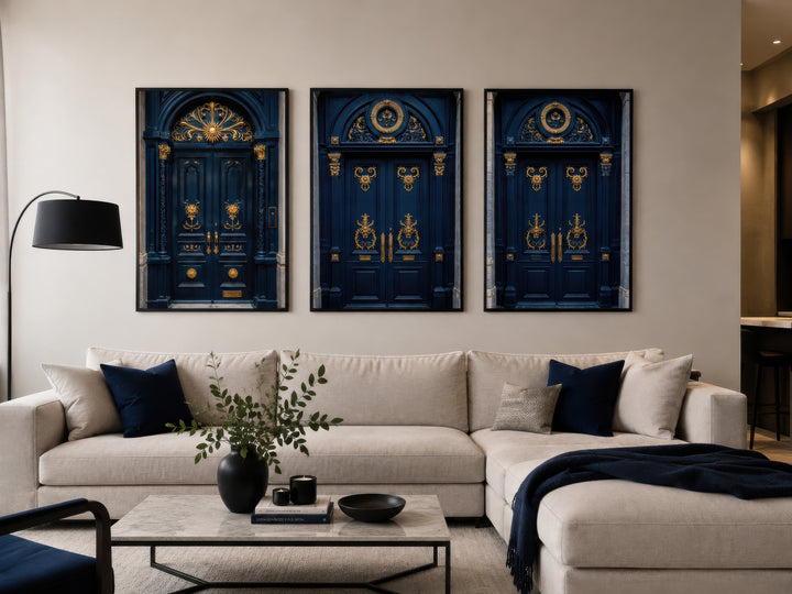 Set of three framed canvas prints featuring navy blue European doors with gold ornate details.