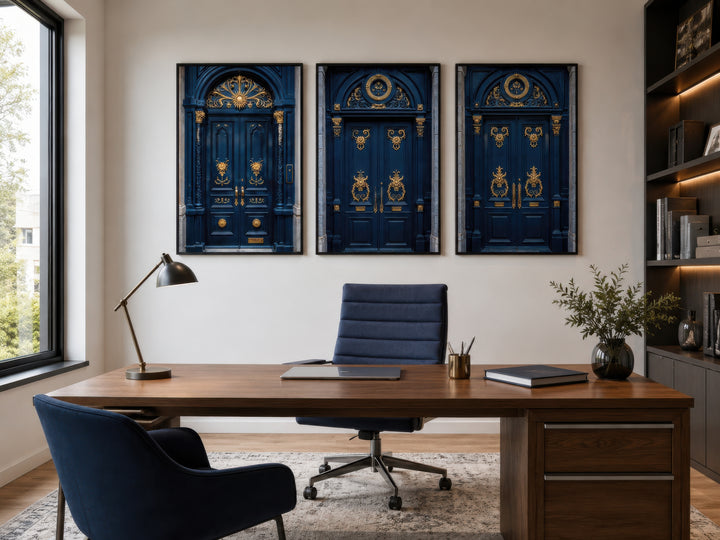 Set of three framed canvas prints featuring navy blue European doors with ornate gold details.