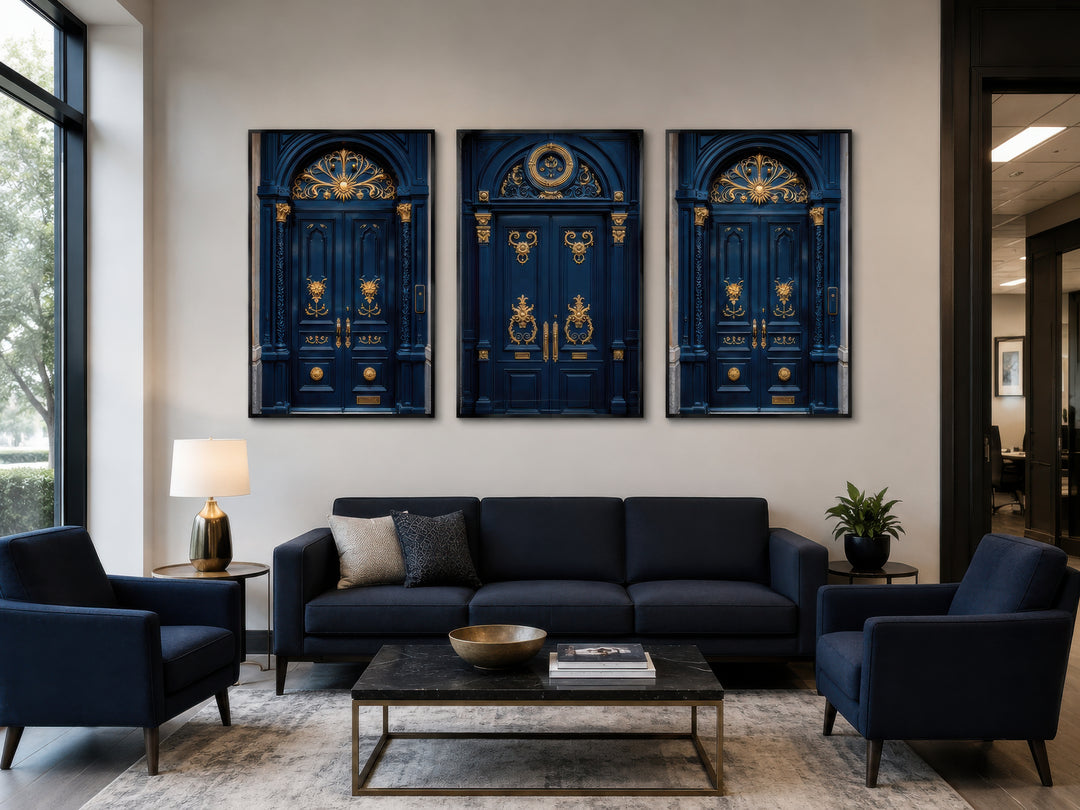 Set of three navy blue and gold European door canvas prints hanging above a dark blue sofa.