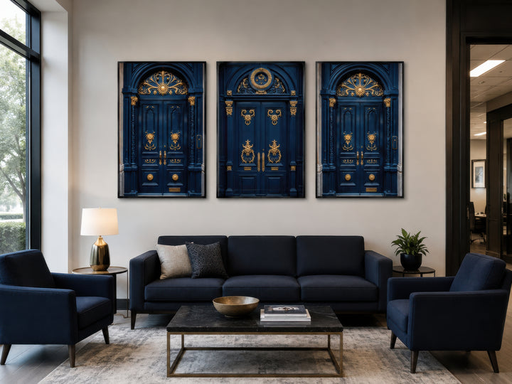 Set of three navy blue and gold European door canvas prints hanging above a dark blue sofa.