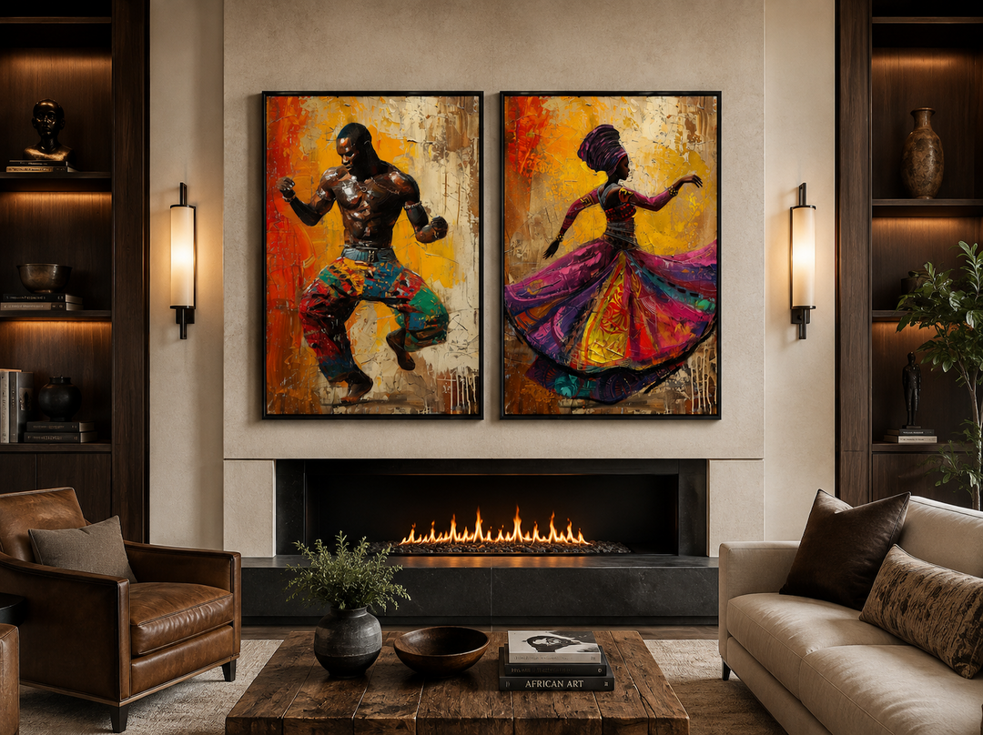 Two framed canvas prints of an African man and woman dancing, displayed above a modern fireplace.