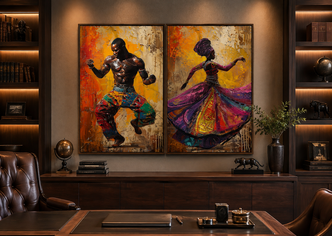 Two-piece framed canvas art of an African man and woman in vibrant traditional dance attire.