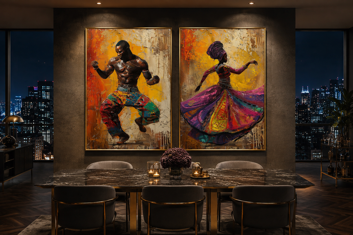 Two framed canvas paintings of an African man and woman dancing in a modern dining room.