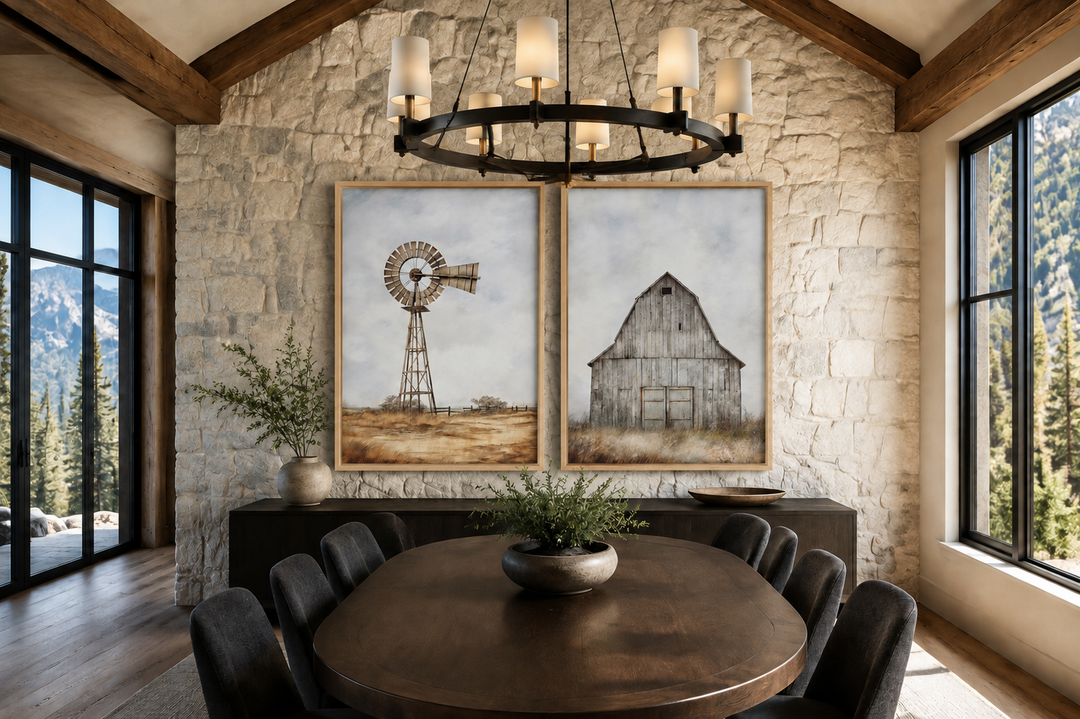 Set of 2 rustic farmhouse wall art prints featuring a weathered barn and a traditional windmill.