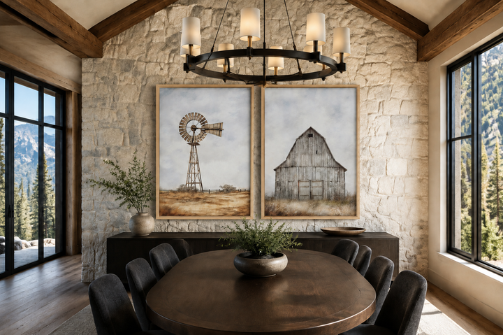 Set of 2 rustic farmhouse wall art prints featuring a weathered barn and a traditional windmill.