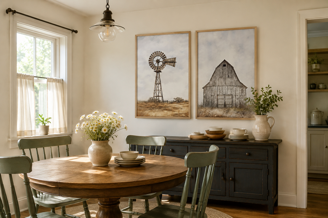 Set of 2 rustic farmhouse wall art prints featuring a weathered barn and a traditional windmill.