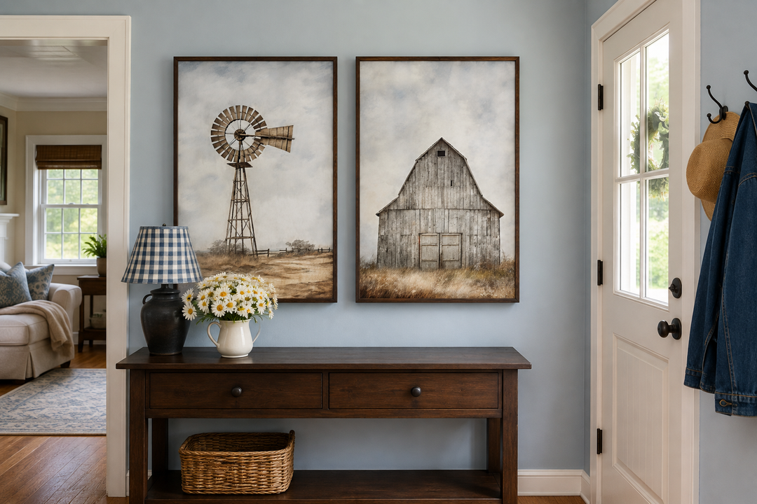 Set of 2 framed rustic farmhouse wall art prints featuring a weathered barn and a windmill.