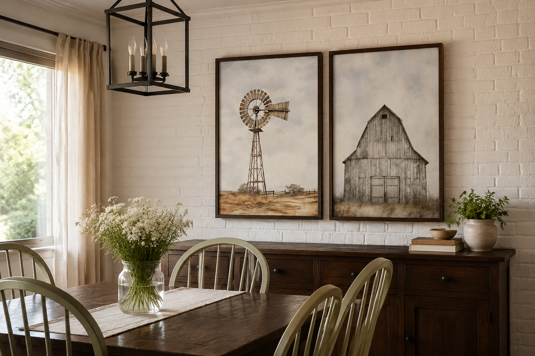Set of 2 rustic farmhouse wall art featuring a weathered barn and a traditional windmill.