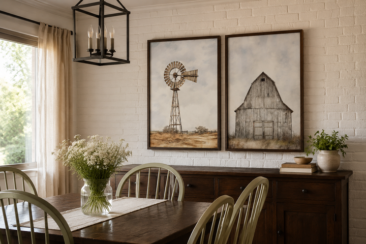 Set of 2 rustic farmhouse wall art featuring a weathered barn and a traditional windmill.