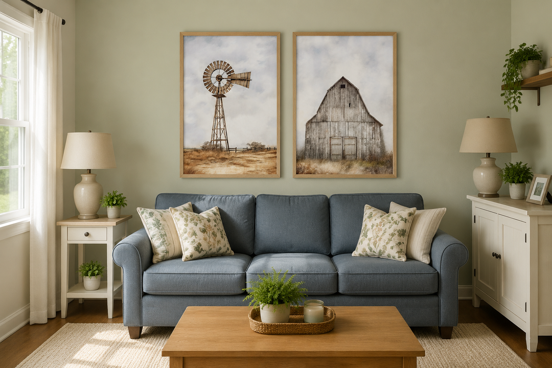 Set of 2 framed rustic farmhouse wall art prints featuring a weathered barn and a windmill.
