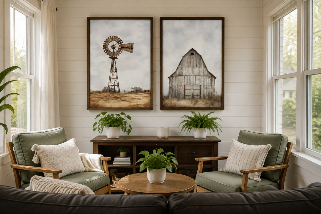 Set of 2 rustic farmhouse wall art pieces featuring a weathered barn and a traditional windmill.