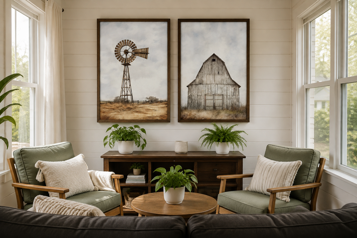 Set of 2 rustic farmhouse wall art pieces featuring a weathered barn and a traditional windmill.