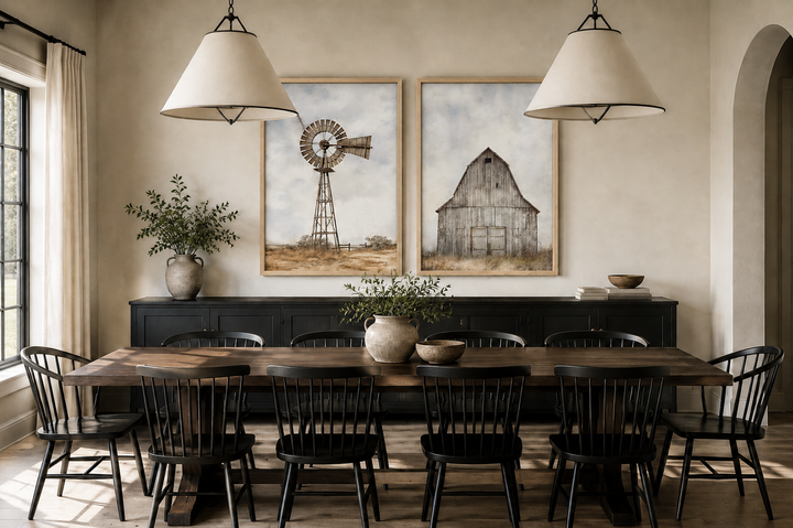 Set of 2 framed rustic farmhouse wall art prints featuring a weathered barn and a windmill.