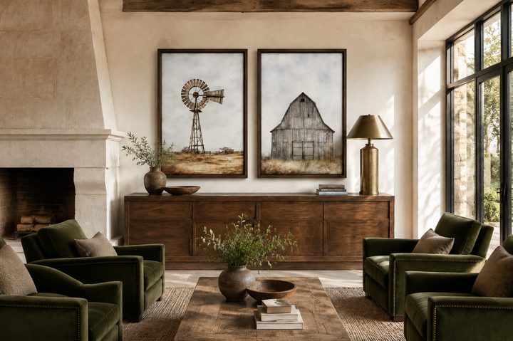 Set of 2 rustic farmhouse wall art prints featuring a weathered barn and a traditional windmill.