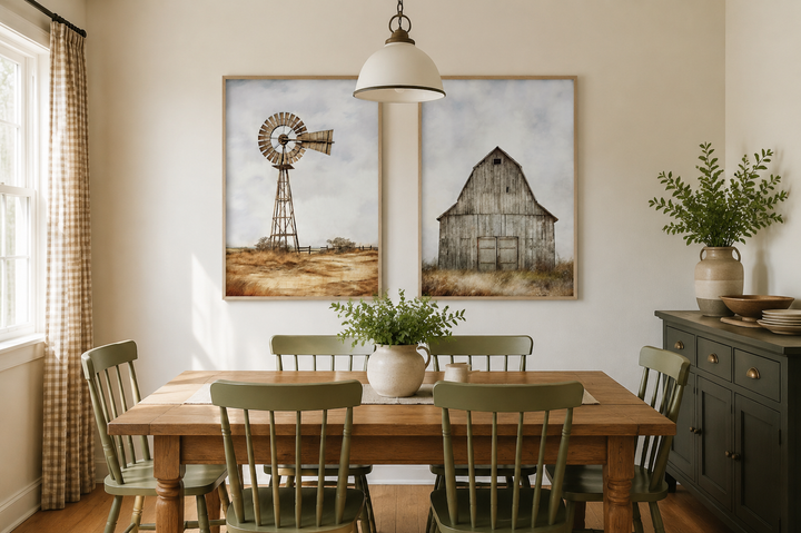 Set of 2 rustic farmhouse wall art prints featuring a weathered barn and a traditional windmill.