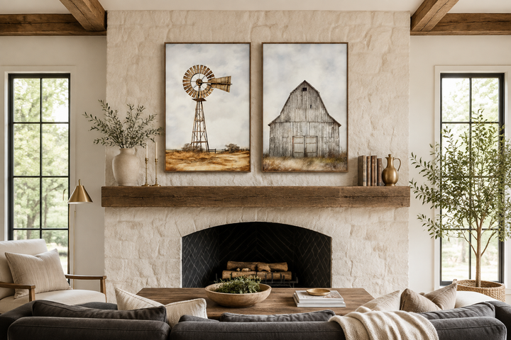 Set of 2 rustic farmhouse wall art prints featuring a weathered barn and a traditional windmill.