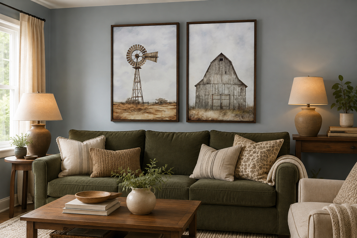 Set of 2 rustic farmhouse wall art pieces featuring a weathered barn and a traditional windmill.