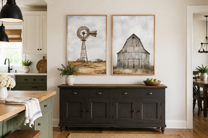 Set of 2 rustic farmhouse wall art prints featuring a weathered barn and a traditional windmill.