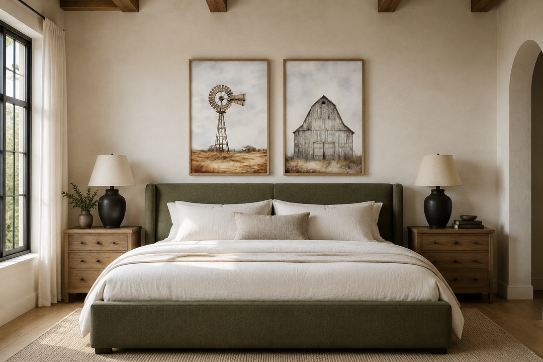 Set of 2 rustic farmhouse wall art prints featuring a weathered barn and a traditional windmill.
