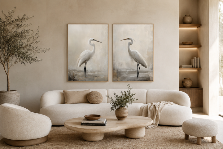 Set of 2 framed canvas wall art pieces featuring white great egrets in neutral beige tones.