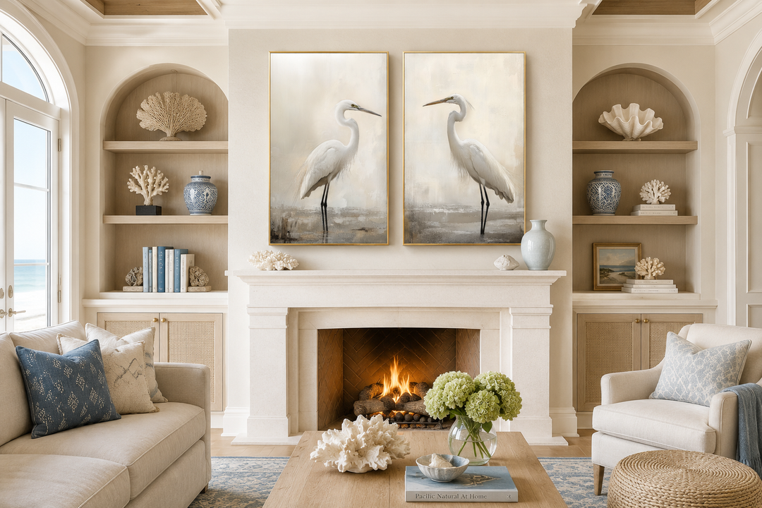 Set of 2 Great Egrets framed canvas wall art in a neutral coastal living room above a fireplace.