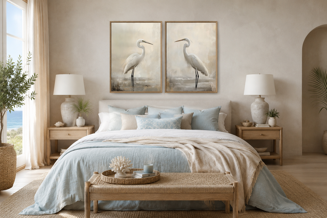 Set of 2 Great Egrets framed canvas wall art in a neutral coastal bedroom setting.