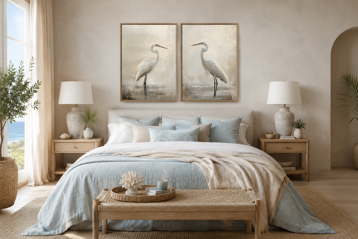 Set of 2 Great Egrets framed canvas wall art in a neutral coastal bedroom setting.